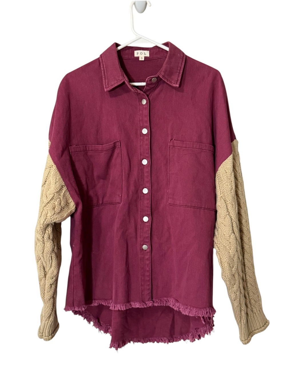 Pol Jacket with Knit Sweater Sleeves Women Size Small Buttons Cotton Raw Hem